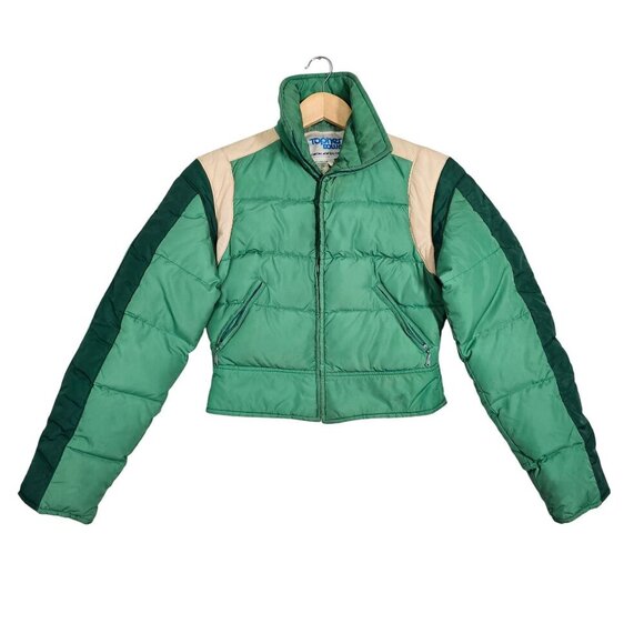 60s/70s Vintage Topher Down Cropped Puffer Ski Jacket Green Tan Full Zip XS/S - Picture 1 of 16
